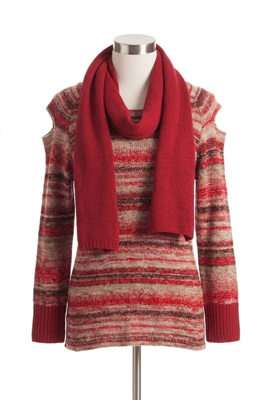 NEW FRENCH KYSS bethany striped sweater w/ scarf in red multi